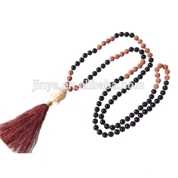 108 Hand geknotet Yoga Black Achat aus Holz Gebet Perlen Quaste buddhistischen Halskette